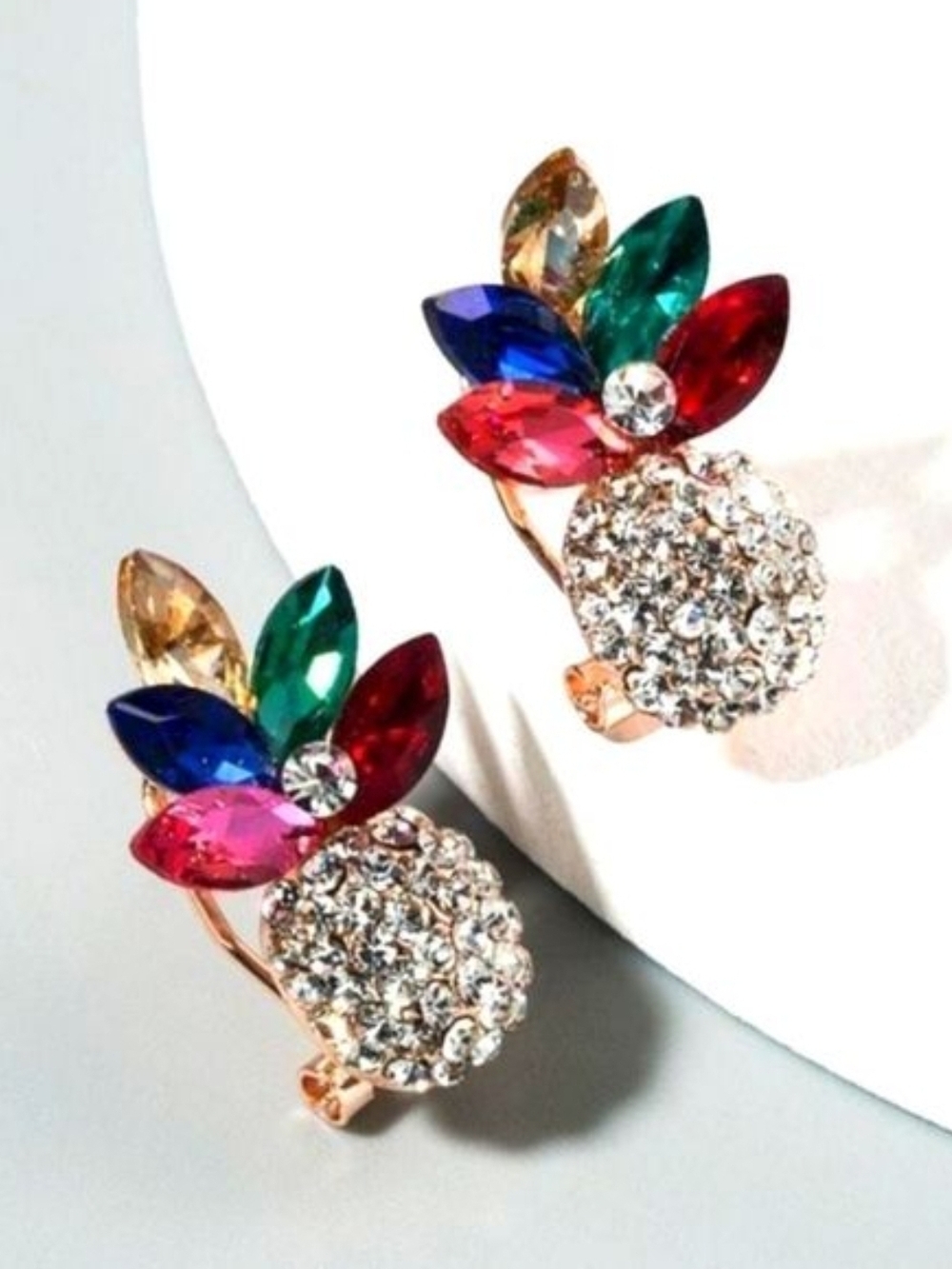Crystal Cluster Multicolor Leaf Clip-On Earrings New